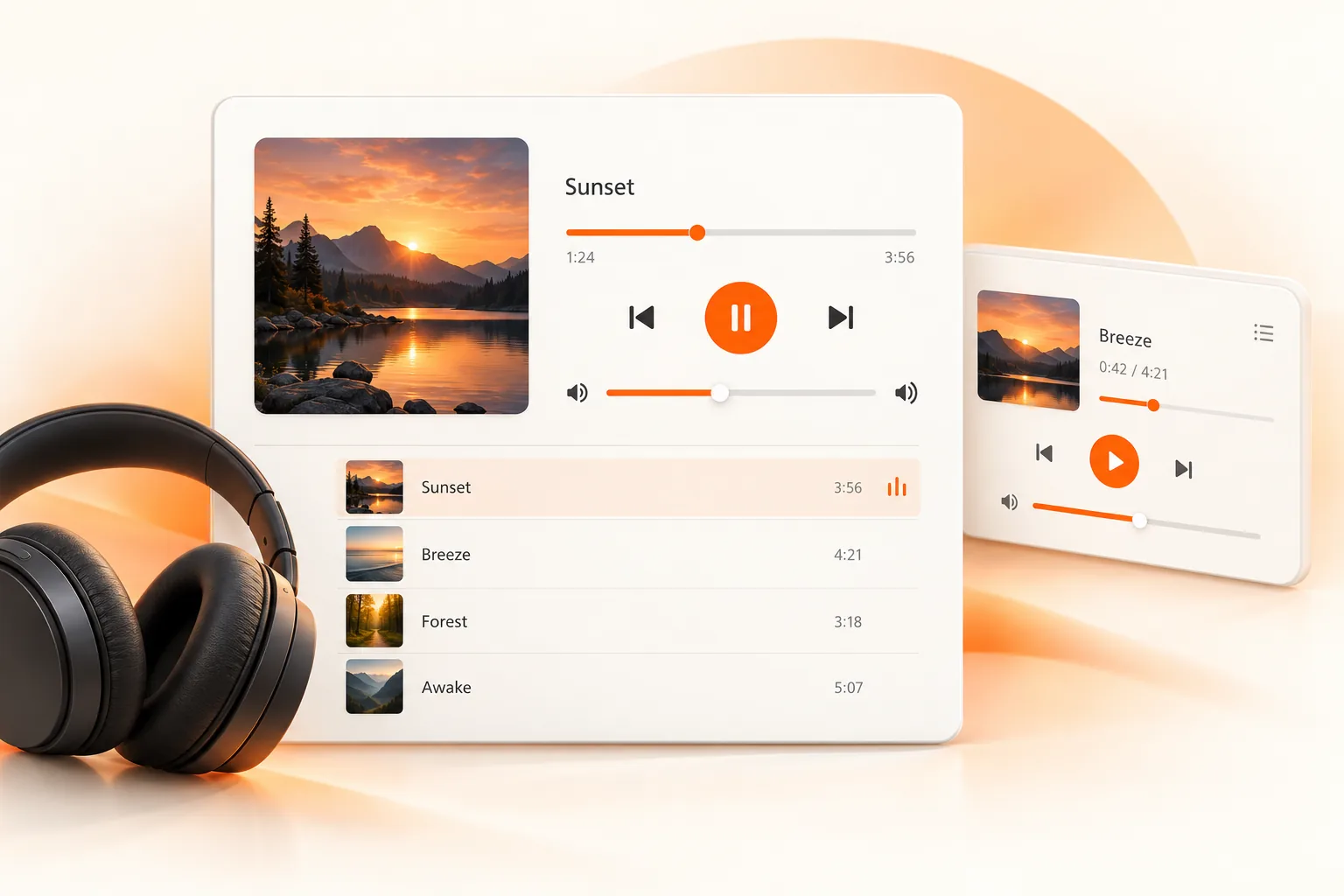Illustration d'un lecteur audio avec playlist et casque