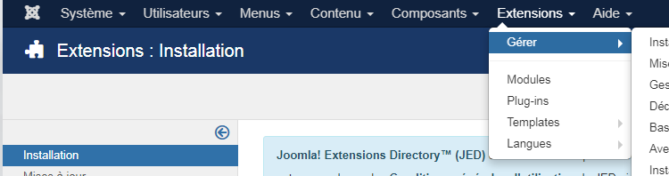 menu installation extension Joomla